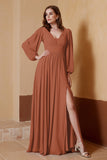 Plunging V Neck Formal Evening Dresses with Long Sleeves Mother of the Bride Dress Gowns