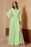 Plunging V Neck Formal Evening Dresses with Long Sleeves Mother of the Bride Dress Gowns