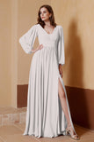 Plunging V Neck Formal Evening Dresses with Long Sleeves Mother of the Bride Dress Gowns