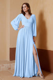 Plunging V Neck Formal Evening Dresses with Long Sleeves Mother of the Bride Dress Gowns