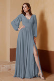 Plunging V Neck Formal Evening Dresses with Long Sleeves Mother of the Bride Dress Gowns