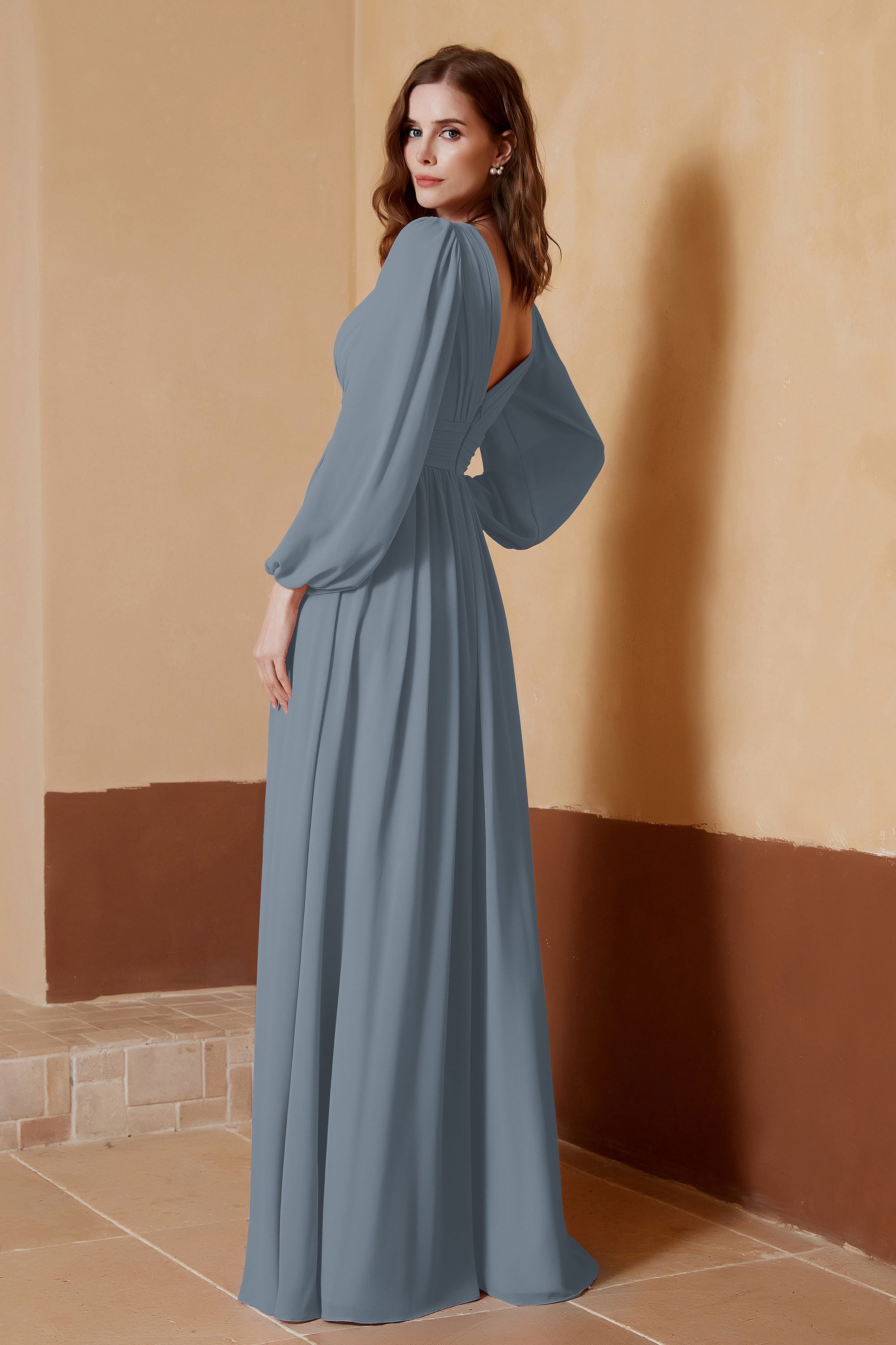Plunging V Neck Formal Evening Dresses with Long Sleeves Mother of the Bride Dress Gowns