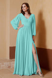 Plunging V Neck Formal Evening Dresses with Long Sleeves Mother of the Bride Dress Gowns