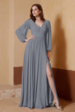 Plunging V Neck Formal Evening Dresses with Long Sleeves Mother of the Bride Dress Gowns