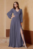 Plunging V Neck Formal Evening Dresses with Long Sleeves Mother of the Bride Dress Gowns