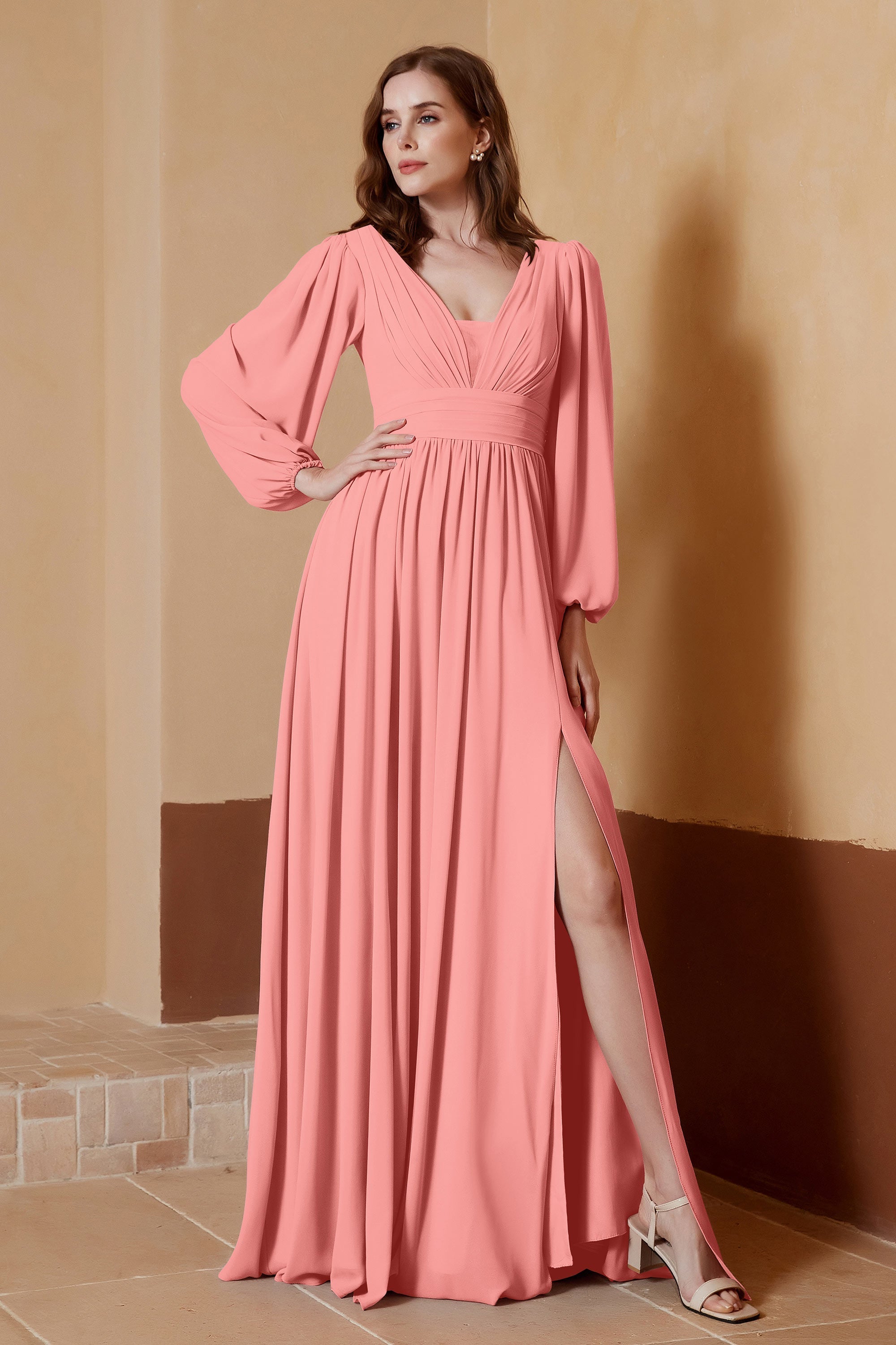 Plunging V Neck Formal Evening Dresses with Long Sleeves Mother of the Bride Dress Gowns
