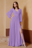 Plunging V Neck Formal Evening Dresses with Long Sleeves Mother of the Bride Dress Gowns
