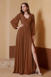 Plunging V Neck Formal Evening Dresses with Long Sleeves Mother of the Bride Dress Gowns