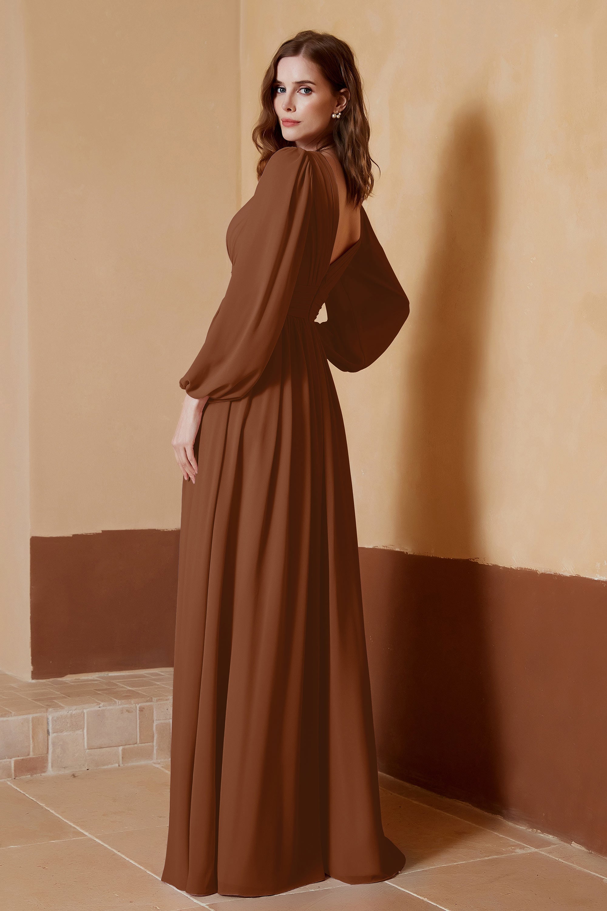 Plunging V Neck Formal Evening Dresses with Long Sleeves Mother of the Bride Dress Gowns