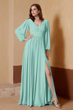 Plunging V Neck Formal Evening Dresses with Long Sleeves Mother of the Bride Dress Gowns