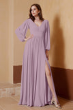 Plunging V Neck Formal Evening Dresses with Long Sleeves Mother of the Bride Dress Gowns