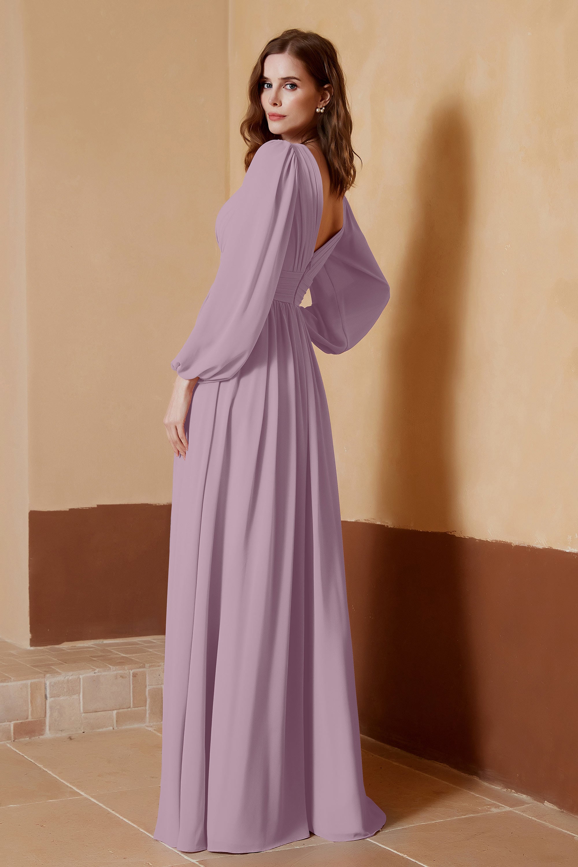 Plunging V Neck Formal Evening Dresses with Long Sleeves Mother of the Bride Dress Gowns