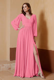 Plunging V Neck Formal Evening Dresses with Long Sleeves Mother of the Bride Dress Gowns