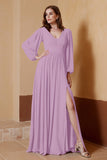 Plunging V Neck Formal Evening Dresses with Long Sleeves Mother of the Bride Dress Gowns