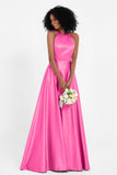 Simple Satin Halter Bridesmaid Dress Sleeveless Ruched Formal Evening Dresses Gowns