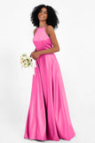 Simple Satin Halter Bridesmaid Dress Sleeveless Ruched Formal Evening Dresses Gowns