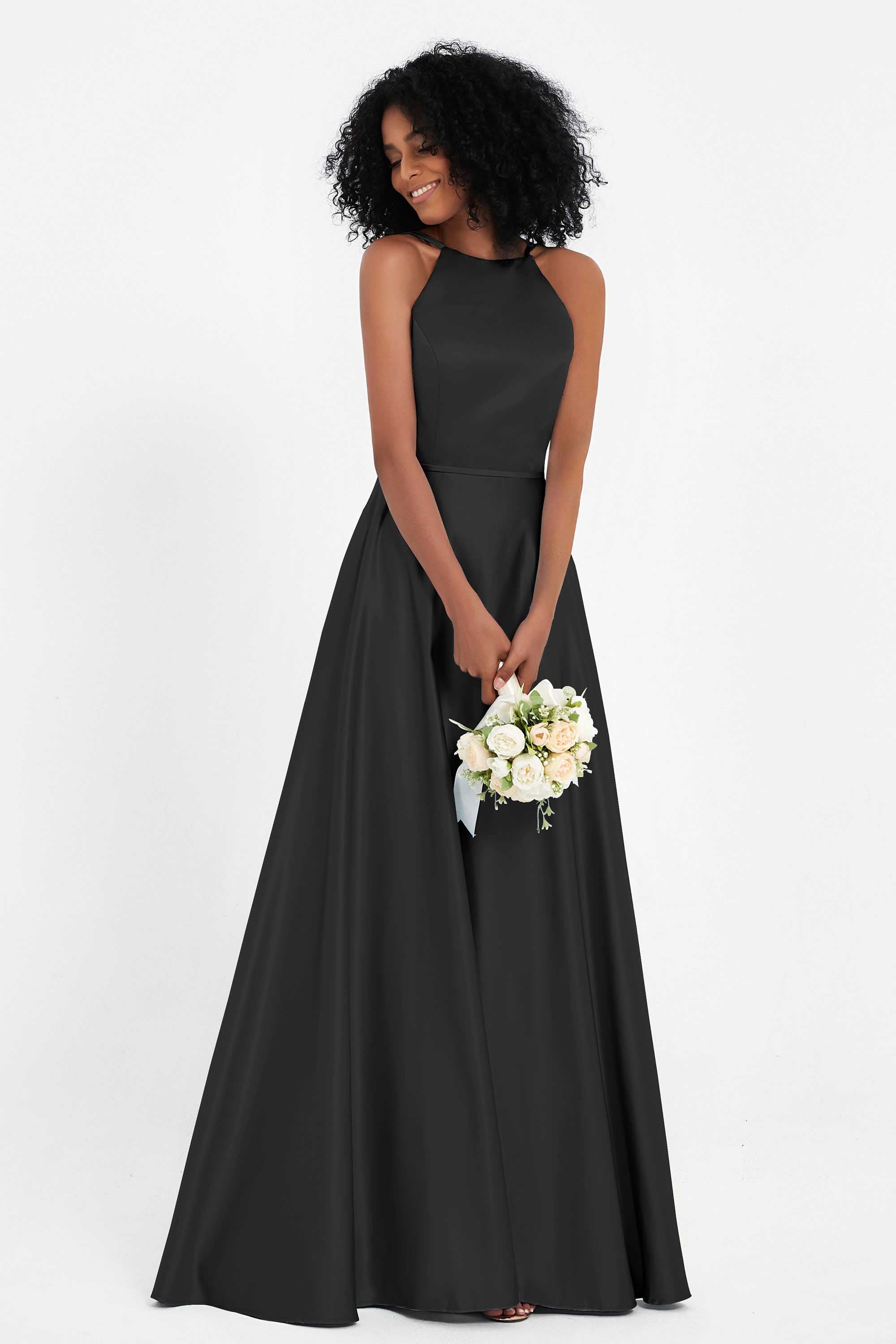 Simple Satin Halter Bridesmaid Dress Sleeveless Ruched Formal Evening Dresses Gowns