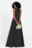 Simple Satin Halter Bridesmaid Dress Sleeveless Ruched Formal Evening Dresses Gowns
