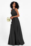 Simple Satin Halter Bridesmaid Dress Sleeveless Ruched Formal Evening Dresses Gowns