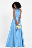 Simple Satin Halter Bridesmaid Dress Sleeveless Ruched Formal Evening Dresses Gowns