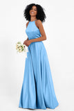 Simple Satin Halter Bridesmaid Dress Sleeveless Ruched Formal Evening Dresses Gowns