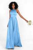 Simple Satin Halter Bridesmaid Dress Sleeveless Ruched Formal Evening Dresses Gowns