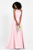 Simple Satin Halter Bridesmaid Dress Sleeveless Ruched Formal Evening Dresses Gowns