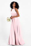 Simple Satin Halter Bridesmaid Dress Sleeveless Ruched Formal Evening Dresses Gowns