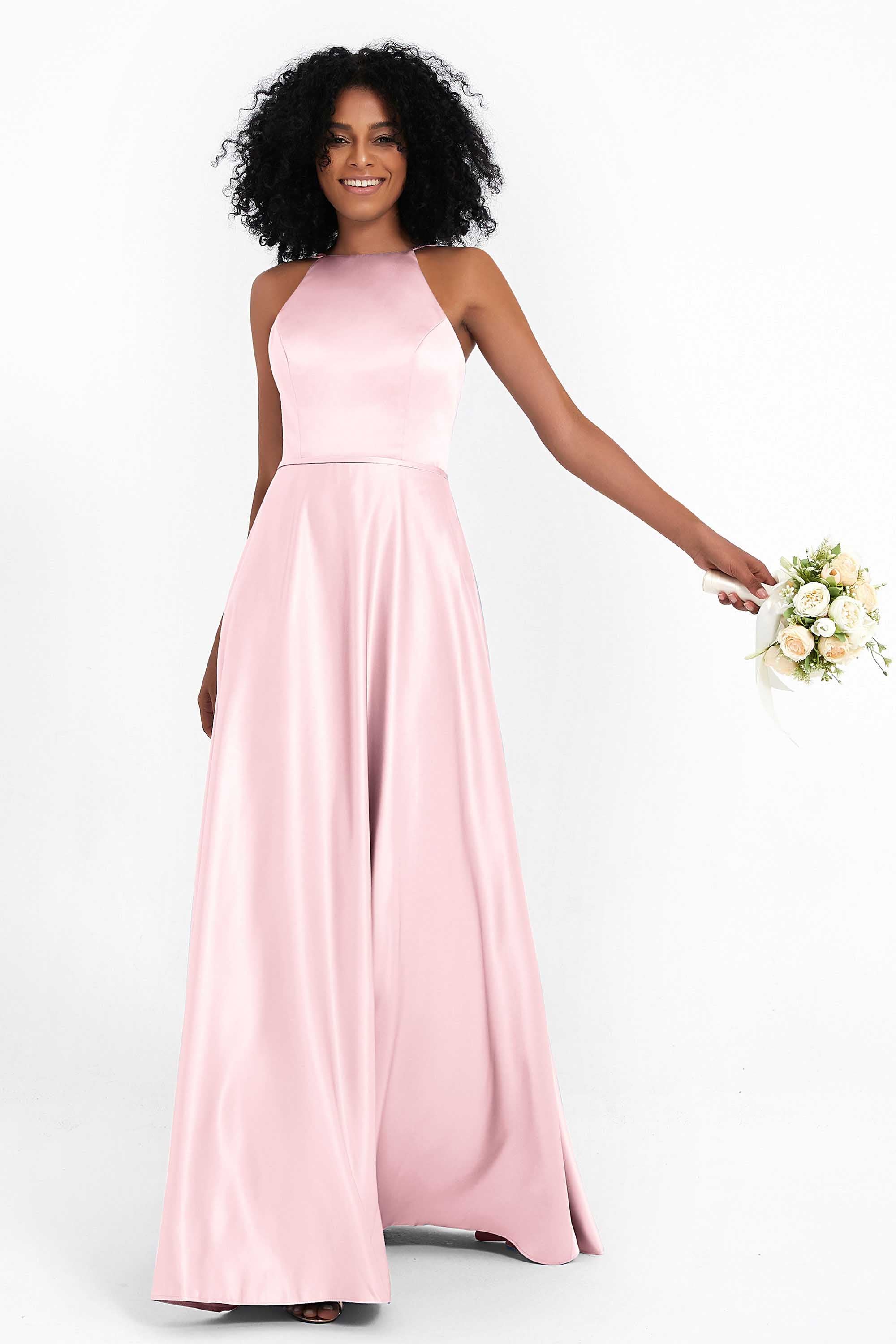 Simple Satin Halter Bridesmaid Dress Sleeveless Ruched Formal Evening Dresses Gowns