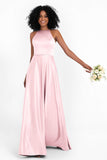 Simple Satin Halter Bridesmaid Dress Sleeveless Ruched Formal Evening Dresses Gowns