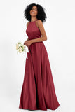 Simple Satin Halter Bridesmaid Dress Sleeveless Ruched Formal Evening Dresses Gowns