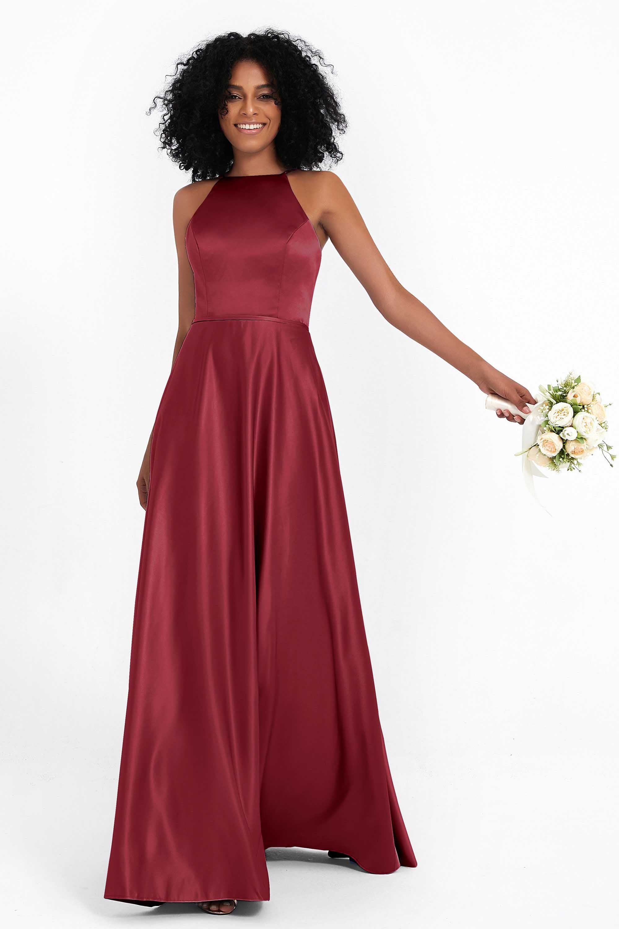 Simple Satin Halter Bridesmaid Dress Sleeveless Ruched Formal Evening Dresses Gowns