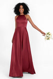 Simple Satin Halter Bridesmaid Dress Sleeveless Ruched Formal Evening Dresses Gowns