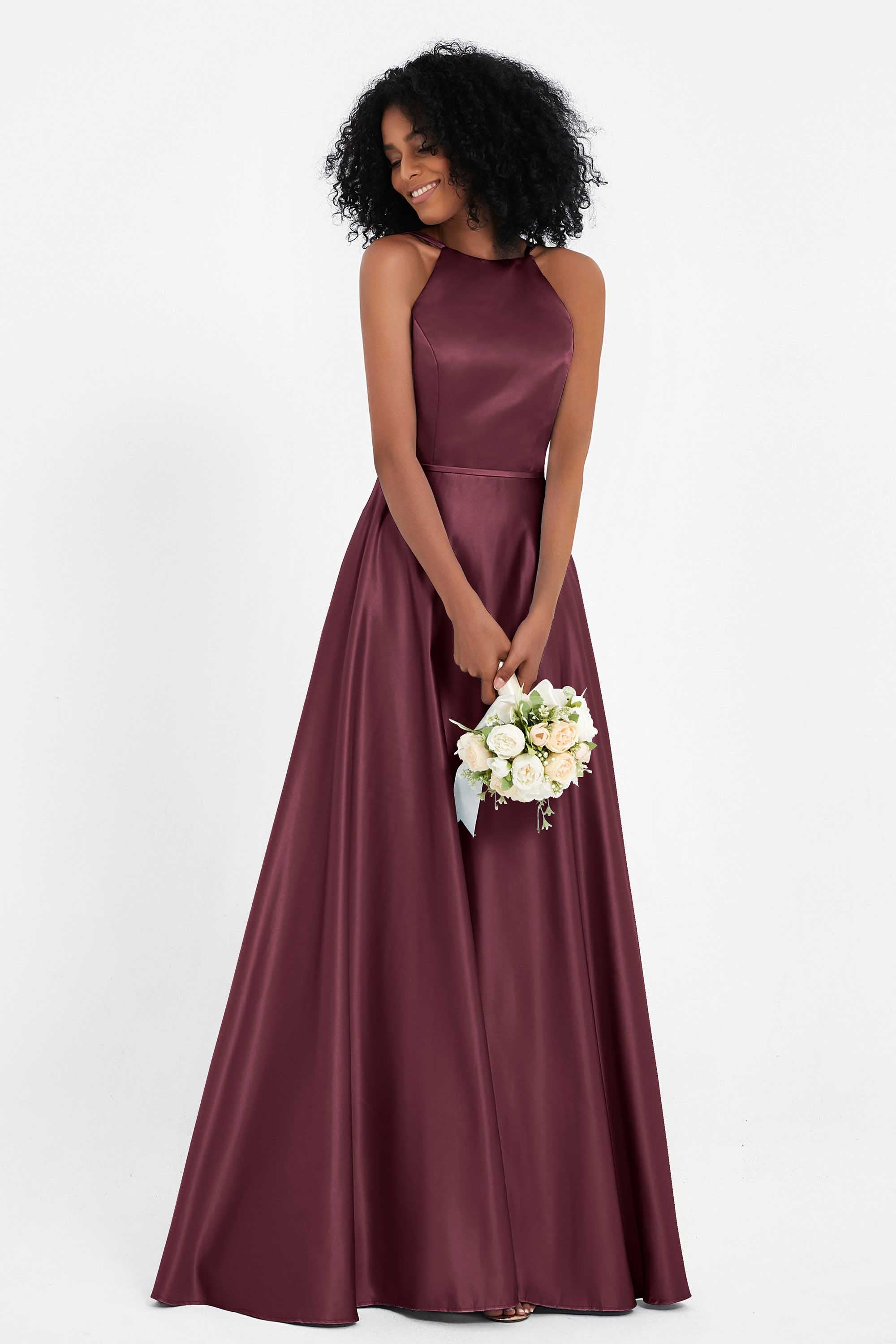 Simple Satin Halter Bridesmaid Dress Sleeveless Ruched Formal Evening Dresses Gowns