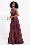 Simple Satin Halter Bridesmaid Dress Sleeveless Ruched Formal Evening Dresses Gowns