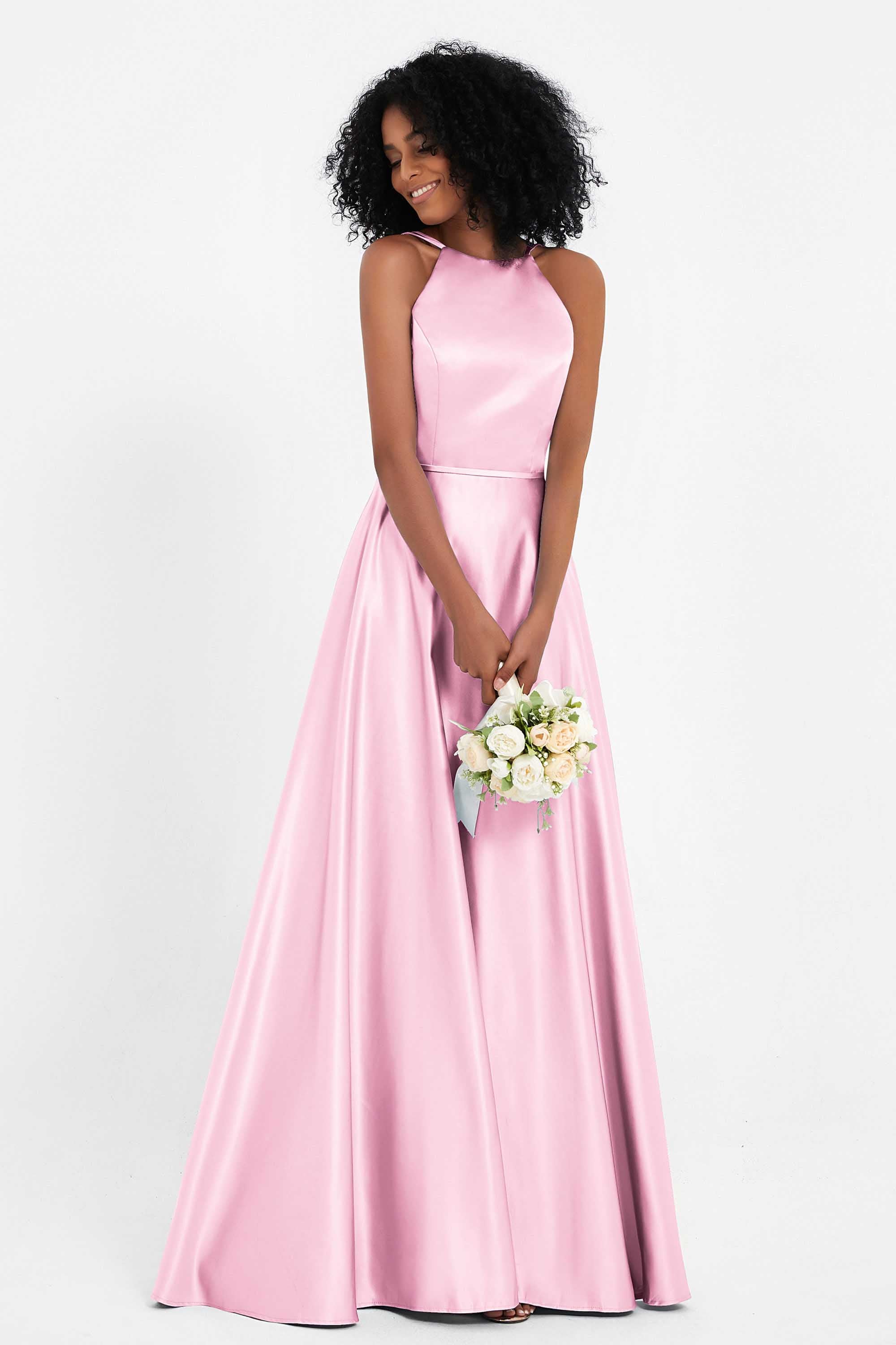 Simple Satin Halter Bridesmaid Dress Sleeveless Ruched Formal Evening Dresses Gowns