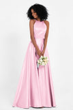 Simple Satin Halter Bridesmaid Dress Sleeveless Ruched Formal Evening Dresses Gowns
