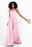 Simple Satin Halter Bridesmaid Dress Sleeveless Ruched Formal Evening Dresses Gowns
