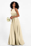 Simple Satin Halter Bridesmaid Dress Sleeveless Ruched Formal Evening Dresses Gowns