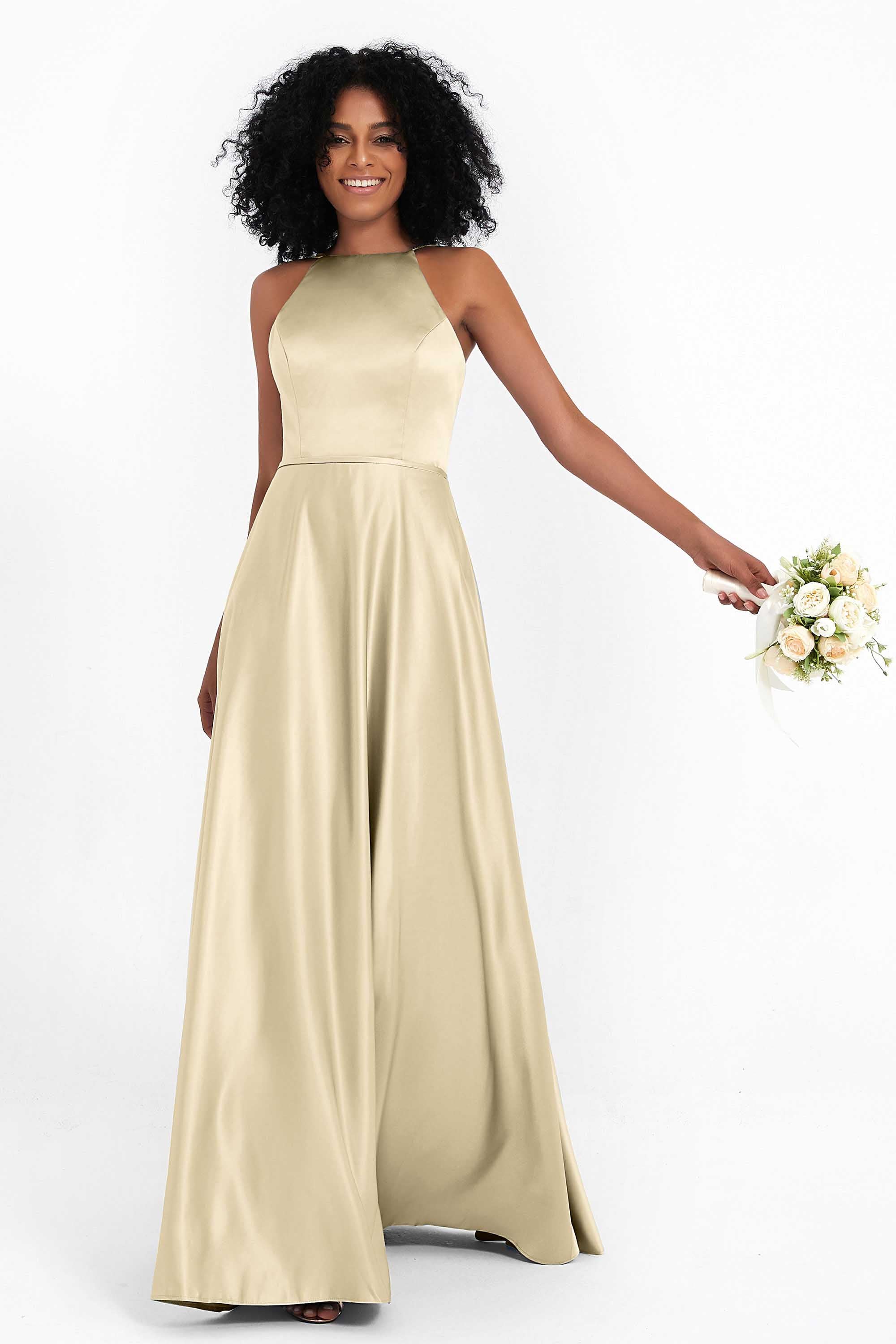 Simple Satin Halter Bridesmaid Dress Sleeveless Ruched Formal Evening Dresses Gowns