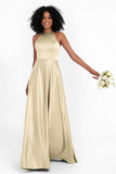 Simple Satin Halter Bridesmaid Dress Sleeveless Ruched Formal Evening Dresses Gowns
