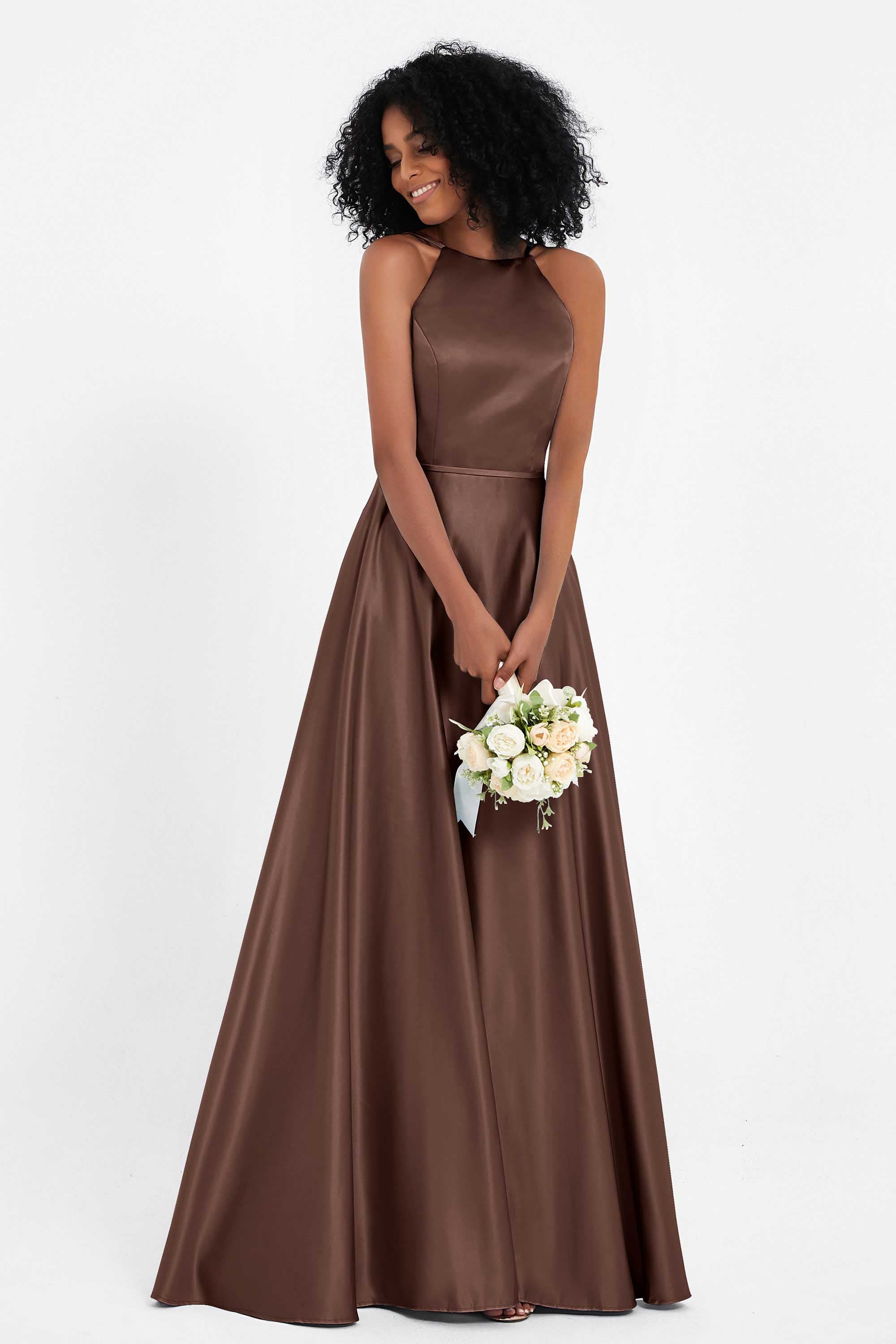 Simple Satin Halter Bridesmaid Dress Sleeveless Ruched Formal Evening Dresses Gowns