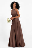 Simple Satin Halter Bridesmaid Dress Sleeveless Ruched Formal Evening Dresses Gowns