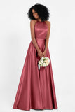 Simple Satin Halter Bridesmaid Dress Sleeveless Ruched Formal Evening Dresses Gowns