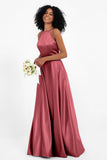 Simple Satin Halter Bridesmaid Dress Sleeveless Ruched Formal Evening Dresses Gowns