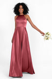 Simple Satin Halter Bridesmaid Dress Sleeveless Ruched Formal Evening Dresses Gowns