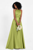 Simple Satin Halter Bridesmaid Dress Sleeveless Ruched Formal Evening Dresses Gowns