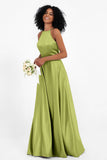 Simple Satin Halter Bridesmaid Dress Sleeveless Ruched Formal Evening Dresses Gowns