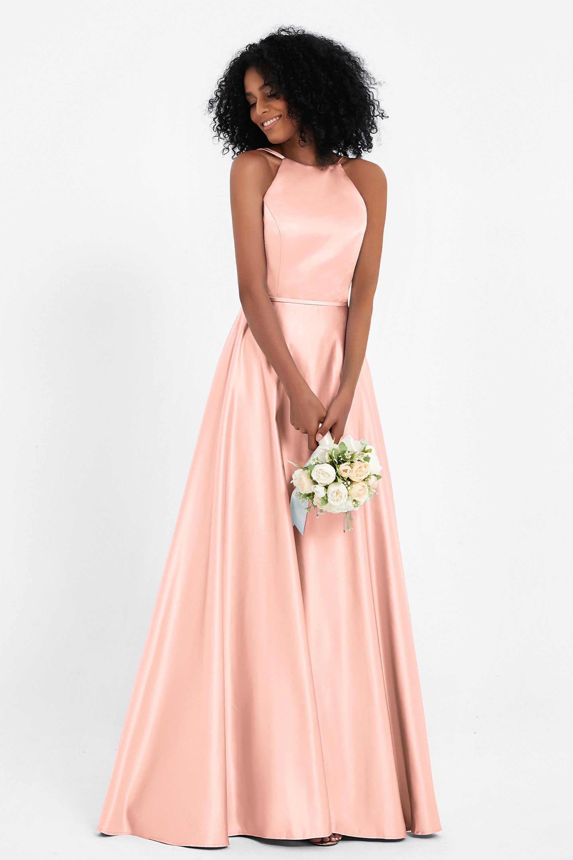Simple Satin Halter Bridesmaid Dress Sleeveless Ruched Formal Evening Dresses Gowns