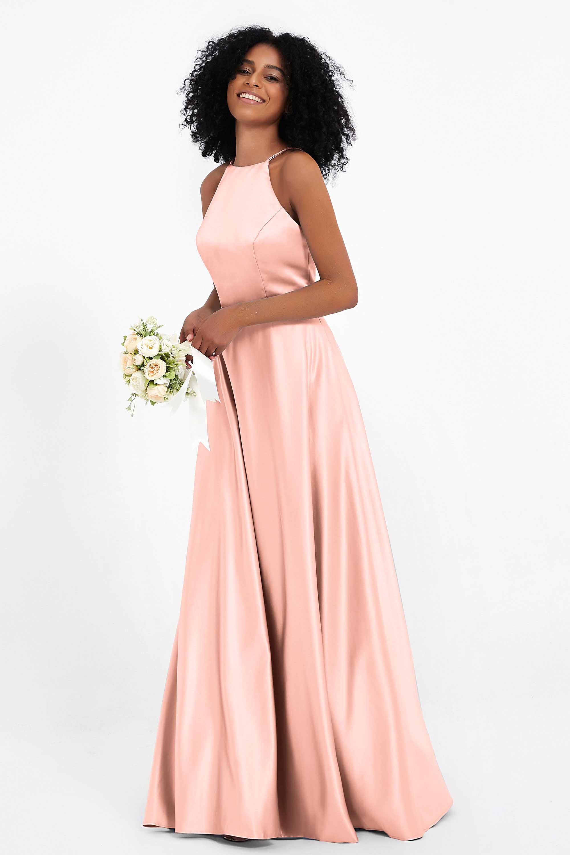 Simple Satin Halter Bridesmaid Dress Sleeveless Ruched Formal Evening Dresses Gowns
